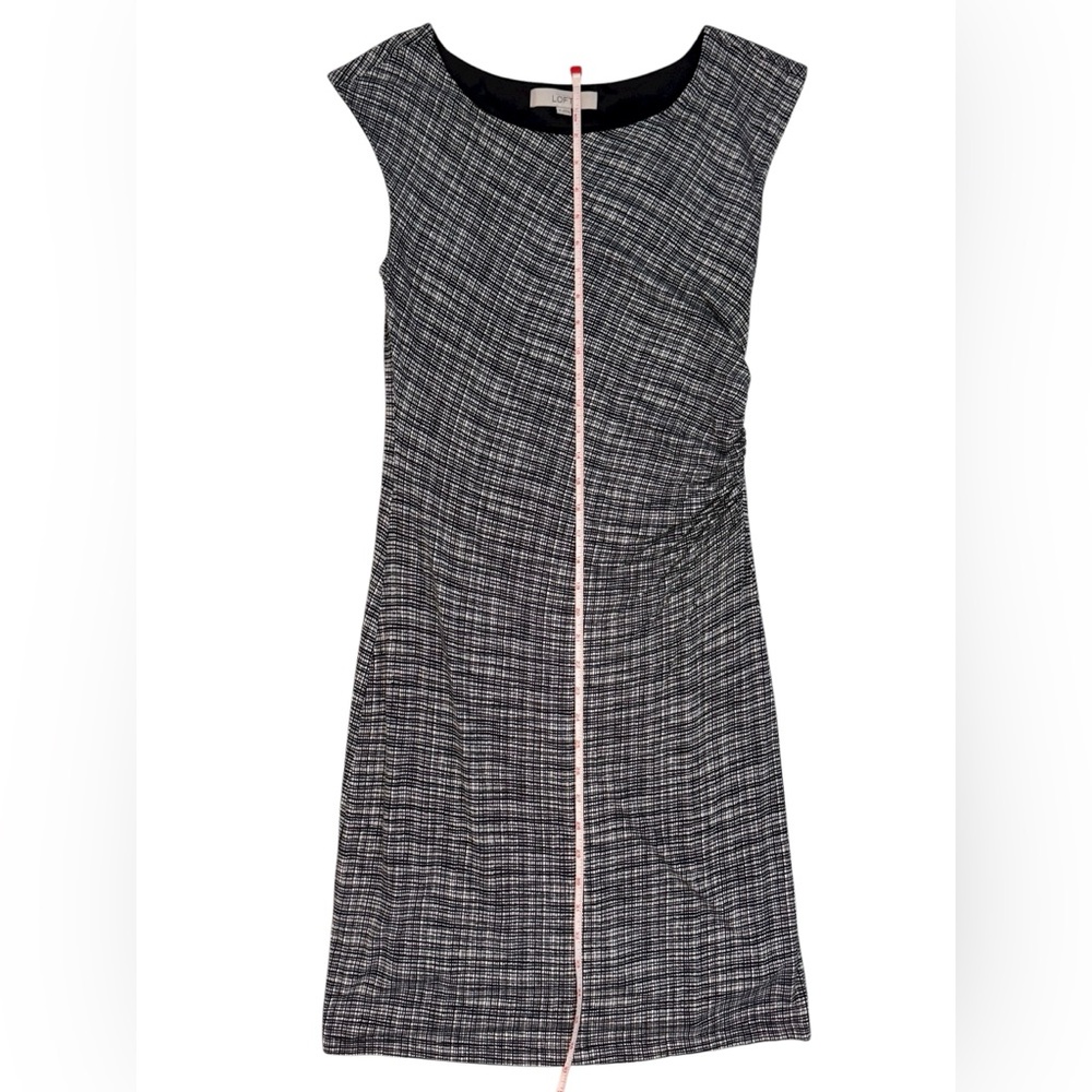 LOFT Black and White Textured Midi Plaid Ruched Sheath Dress